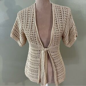 Deane & White Crocheted Y2K Trendy Women's Cream Knit Tie Front Cardigan MP